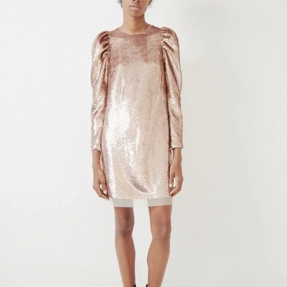 ulla johnson rose gold dress Ulla Johnson | Women's Manet Wedding Guest Gown in with Gathered Seams in Gold Metallic Gold Tiered Gown